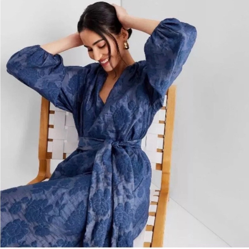 NWT Blue Boho Puff Sleeve Dress with Sash XS - Picture 1 of 11